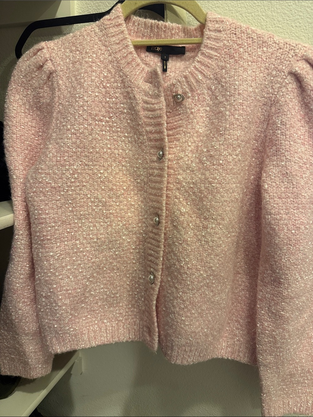 Maje Pink Bouclé Pearl-Trim Cardigan